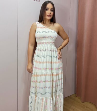 D'meninas - vestido longo estampado um ombro