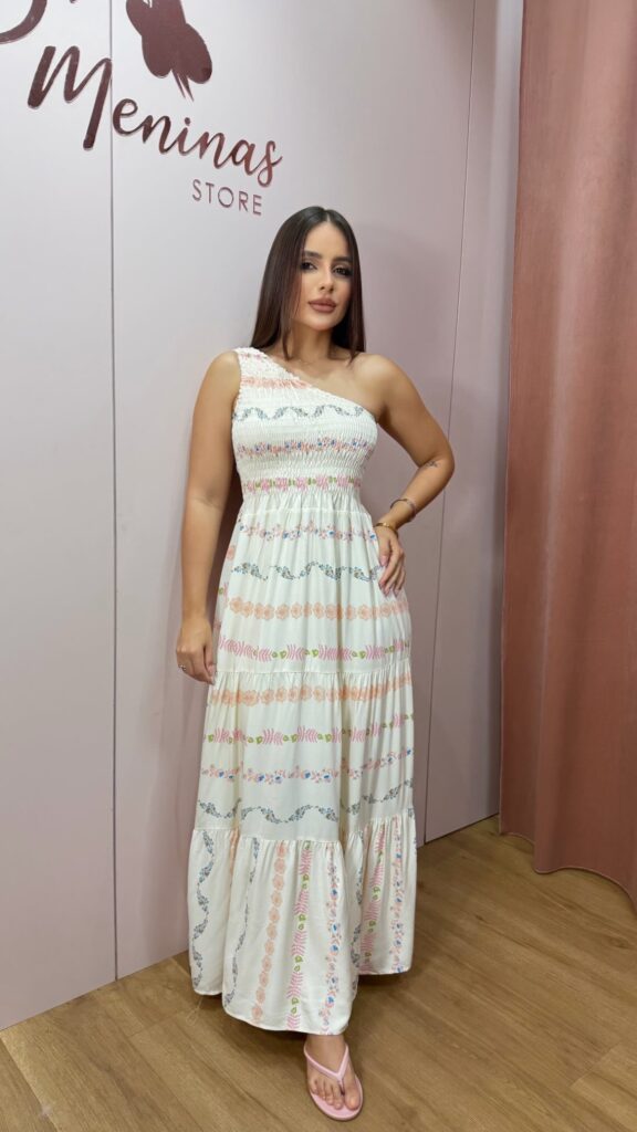 D'meninas - vestido longo estampado um ombro