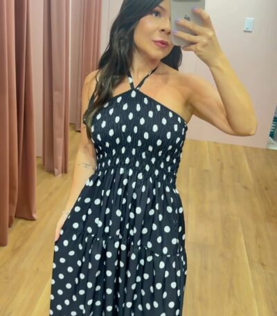 D'meninas - Vestido Longo de Poá Preto